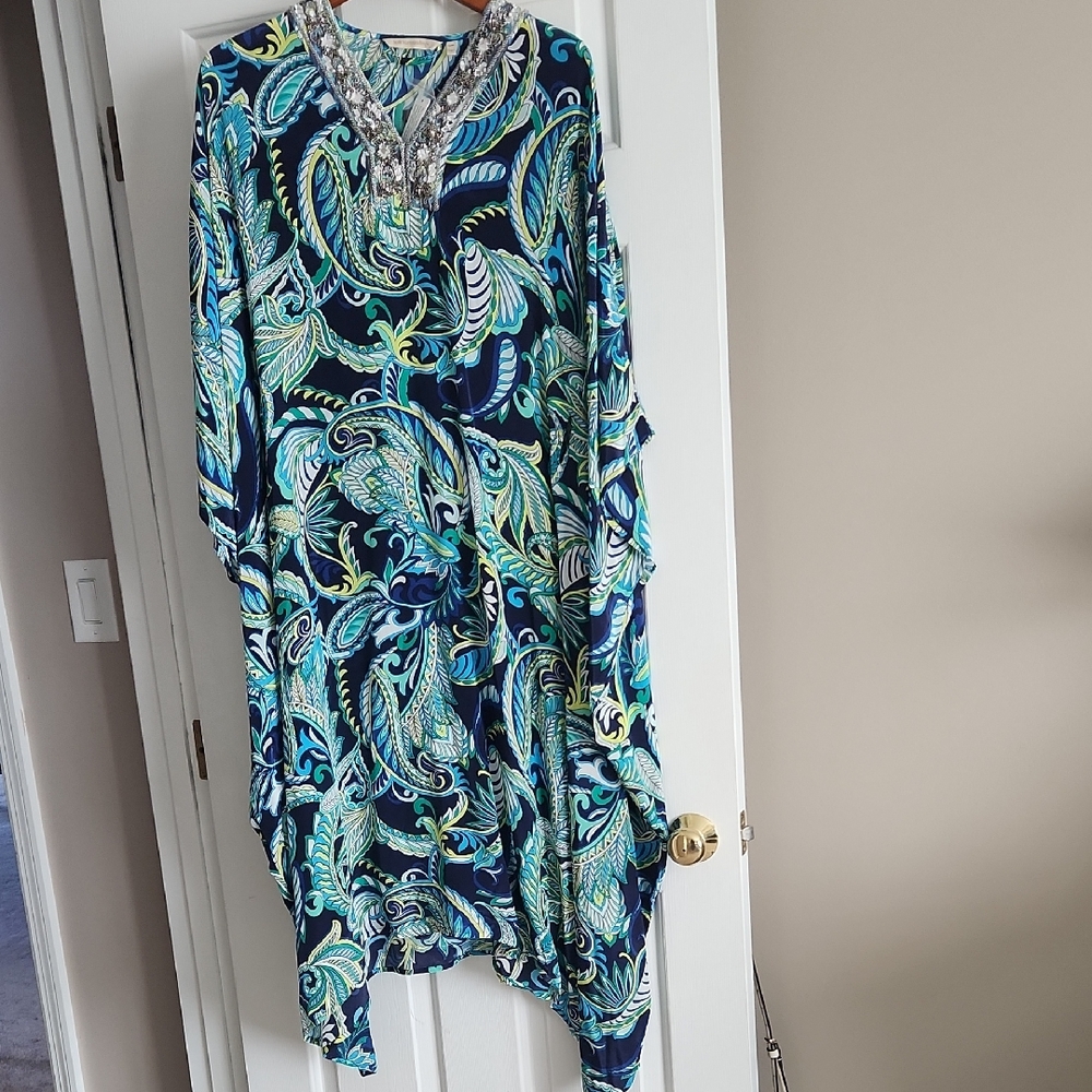 Soft Surroundings Navy Teal Beaded Paisley Caftan